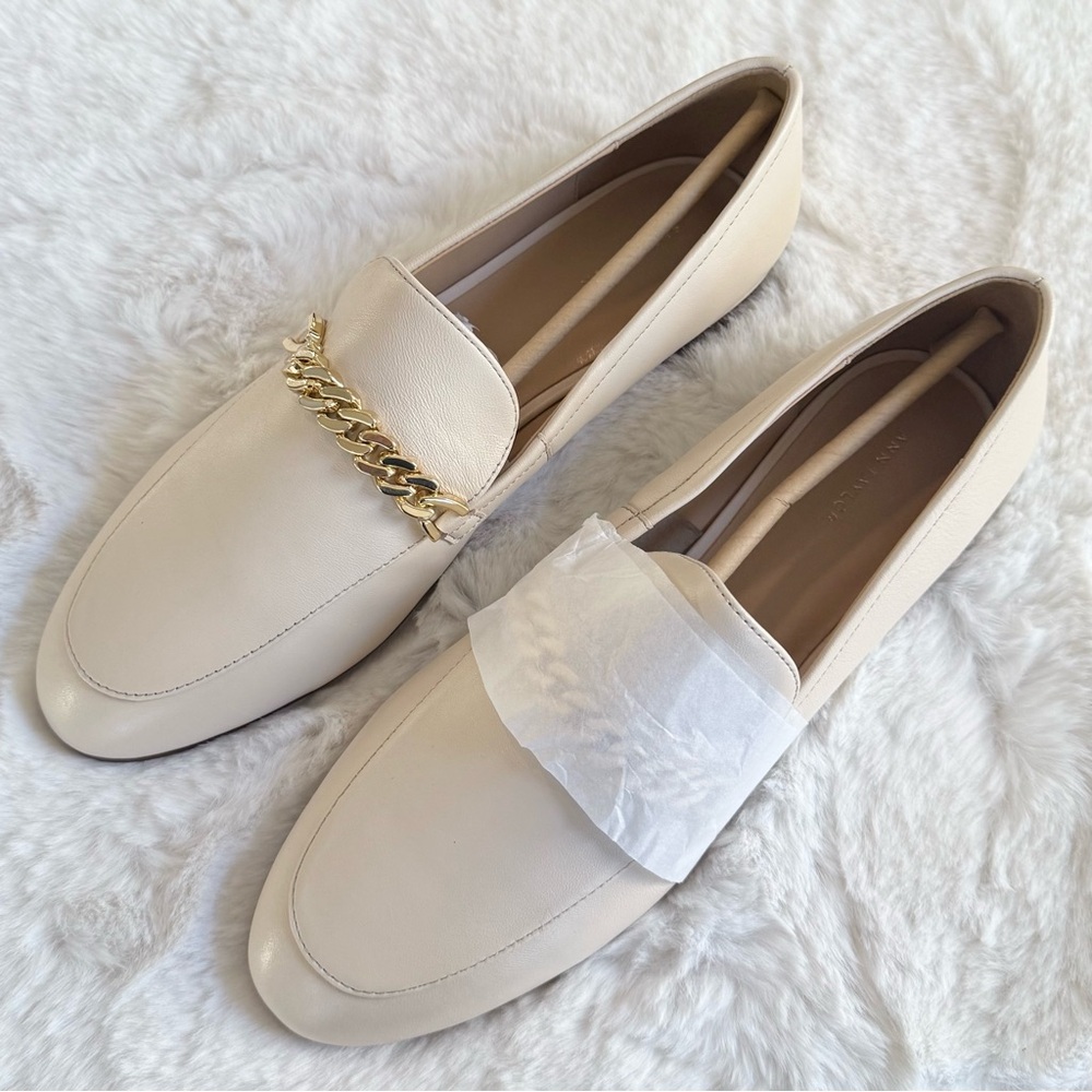 ANN TAYLOR NEW 10 10.5 Chain Leather Loafers in Pearl Shadow • Old Money Classic - Picture 3 of 14